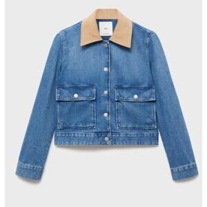 Mango Women's Adara Denim Barn Jacket with Tan Corduroy Collar - Mid Blue Size S